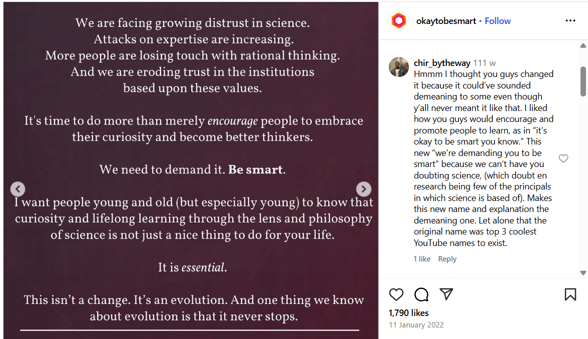 Instagram post about Be Smart's name change